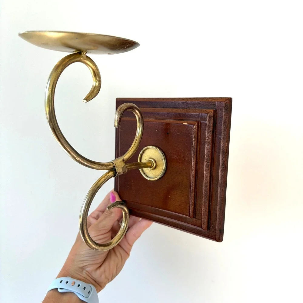 Vintage Wood and Brass Wall Sconce Pillar Candle Holder Scroll Design 6in Plaque